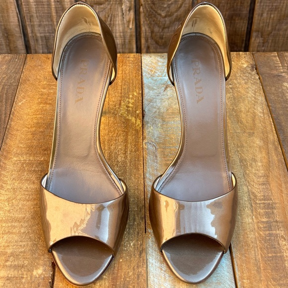 Prada Vero Cuoio Patent Brown Bronze Open Toe High Heels - Picture 4 of 16